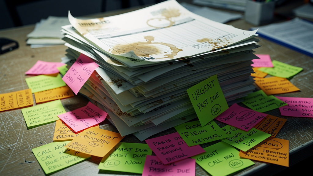 Stapel onbetaalde facturen en post-its op werkplaatsbureau