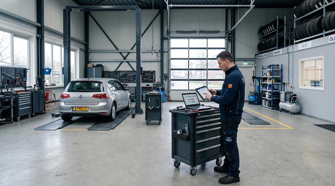 Monteur die in werkplaats APK-herinneringen op tablet beheert