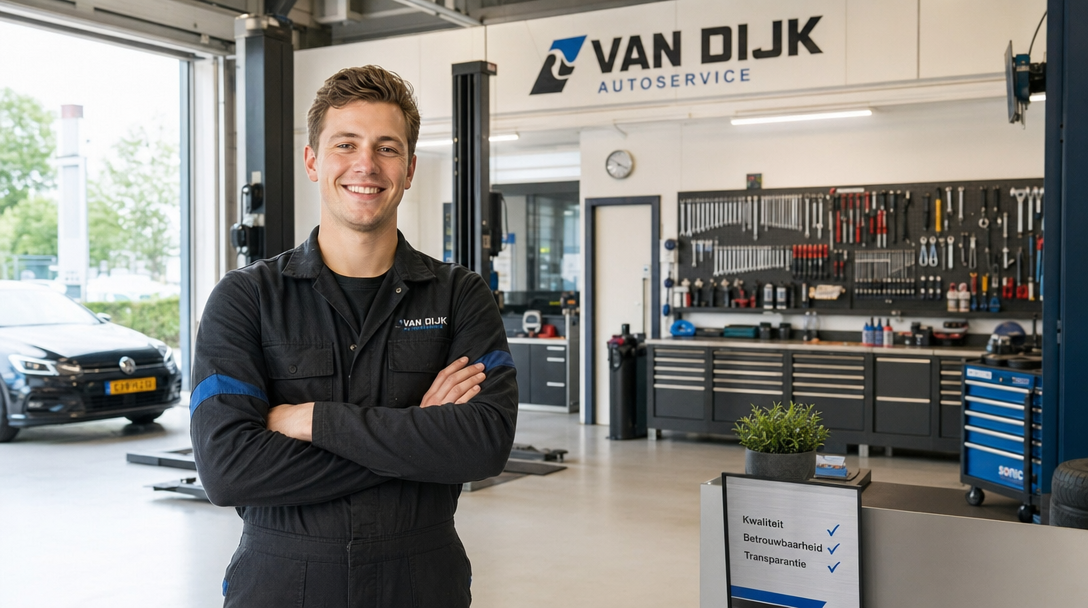 Net geopende kleine Nederlandse garagewerkplaats met georganiseerd gereedschap