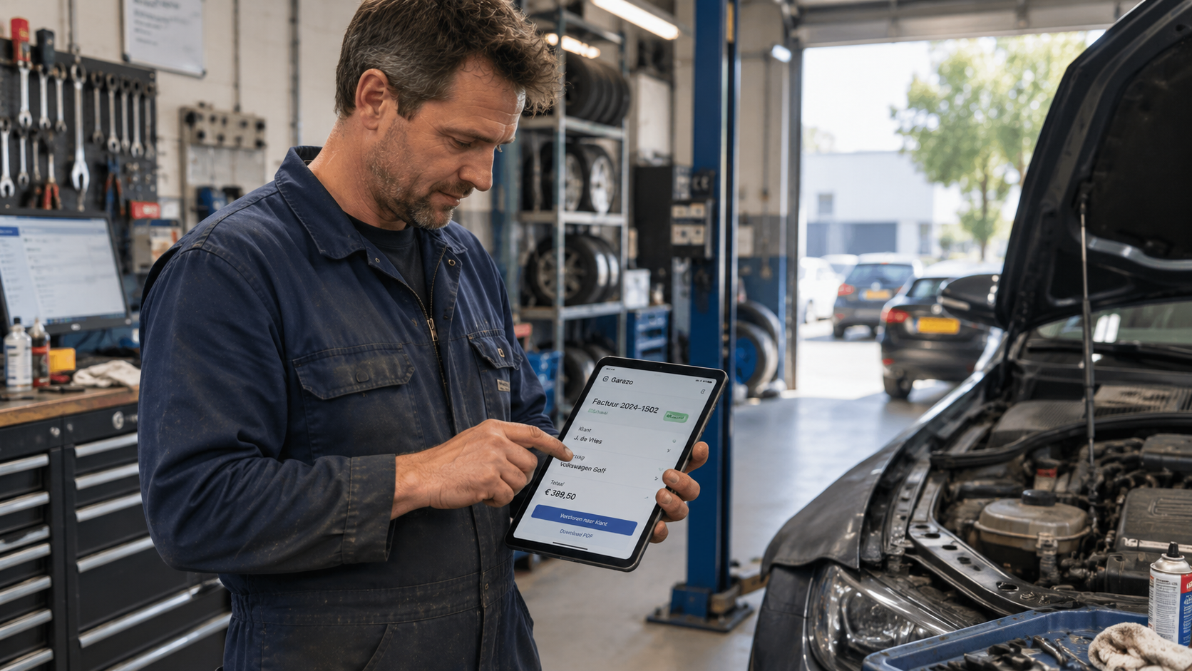 Monteur die op een tablet in de werkplaats een factuur afhandelt via de Garazo-app