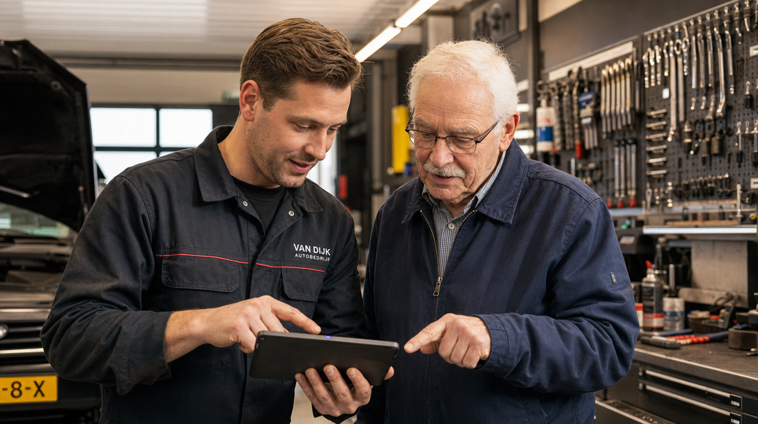 Monteur die op tablet onderhoudsadvies uitlegt aan klant in werkplaats