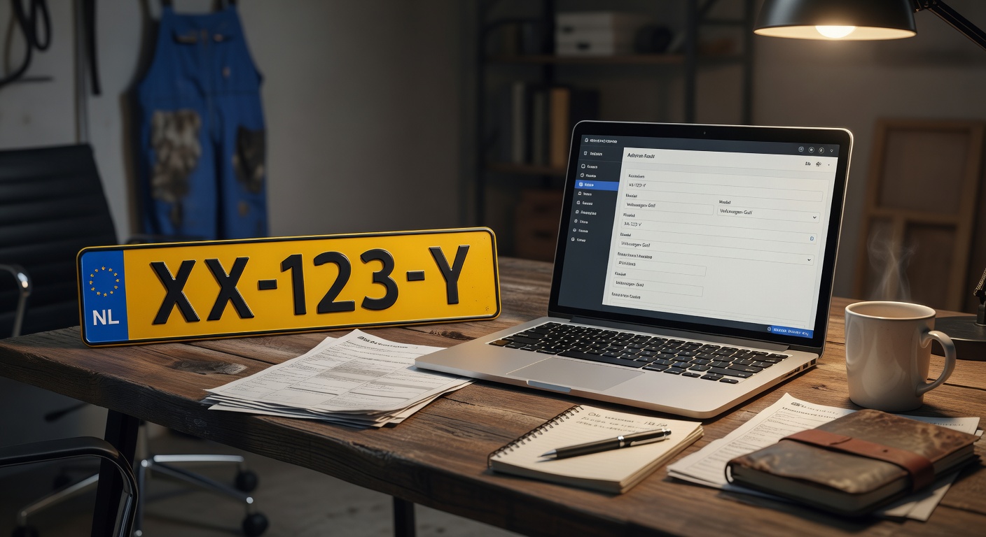 Geel Nederlands kenteken naast laptop met automatisch ingevulde voertuigdata