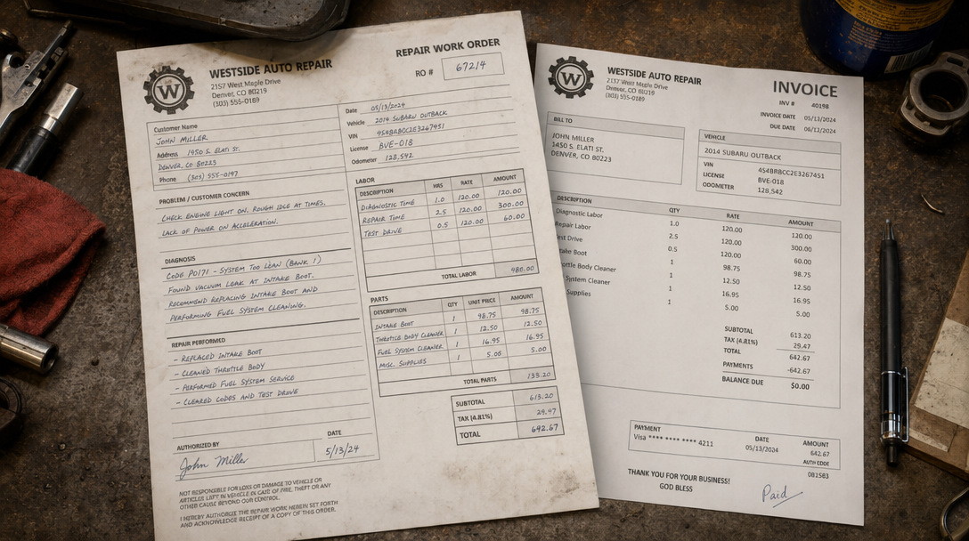 Werkorder en factuur naast elkaar op een werkplaatsbureau