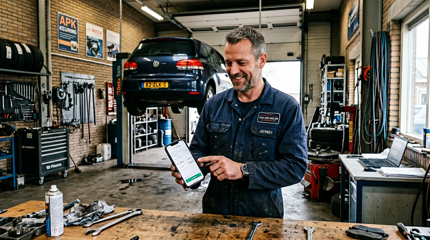 ZZP-monteur in werkplaats die factuur verstuurt vanaf telefoon